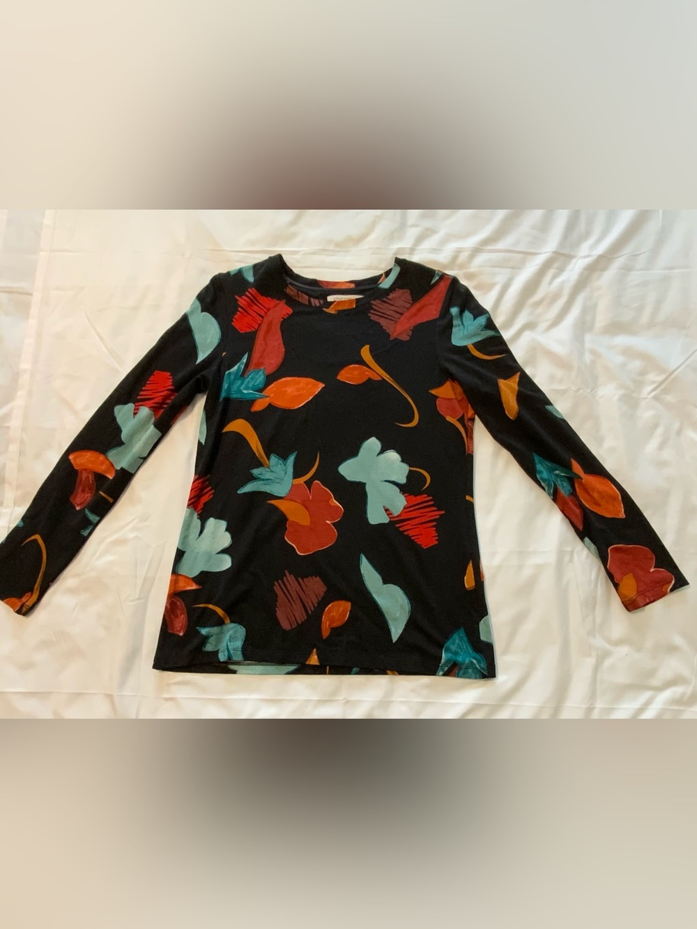 Chicos Womens Small Ultimate Tee Long Sleeve Shirt Black Turquoise & Orange Red